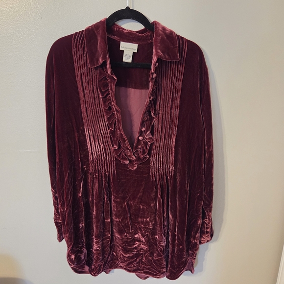 Soft Surrounding Women's Burgundy Verona Velvet Silk Ruffled Pintucked. Sz L - Picture 2 of 7